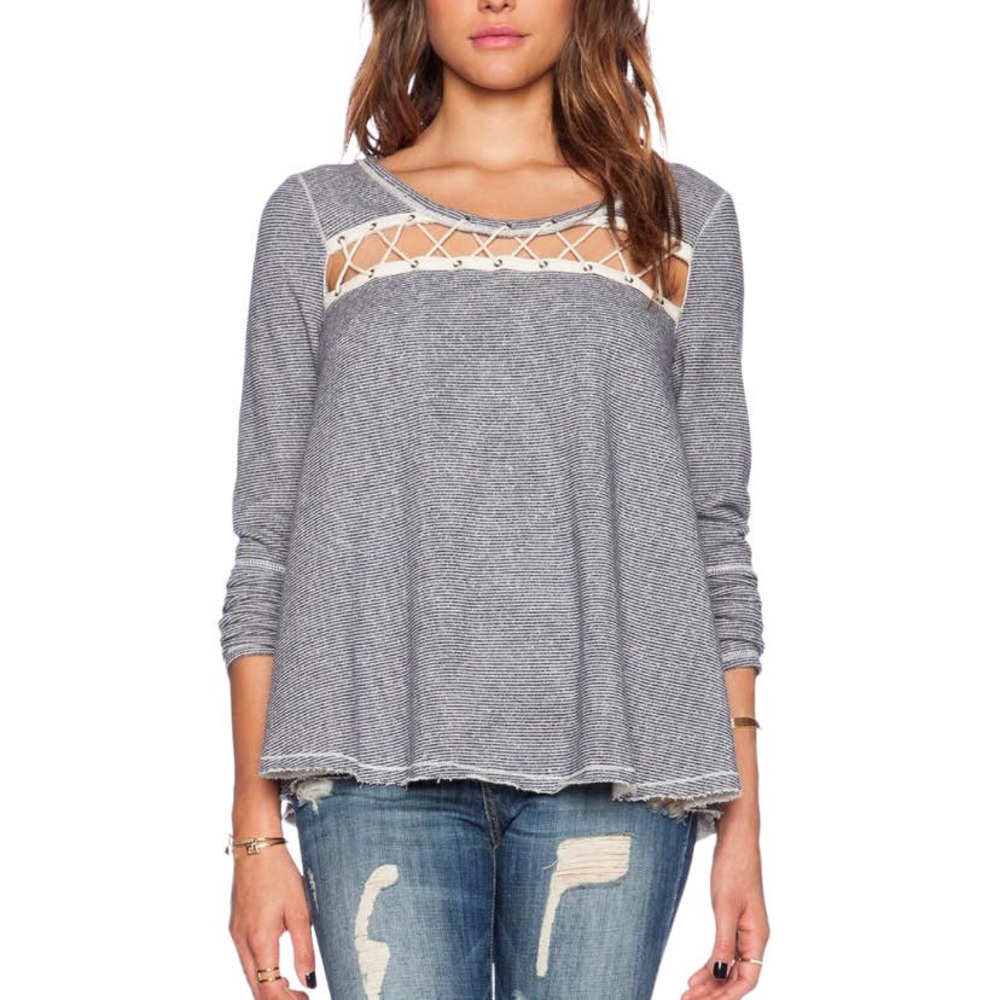 Free People Navy Blue White Lacey Love Pullover Knit Cotton Blend Blouse Small